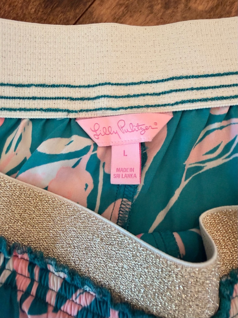 Lilly Pulitzer: Teal Floral Print Women's Shorts with Pink Accent - Picture 2 of 3